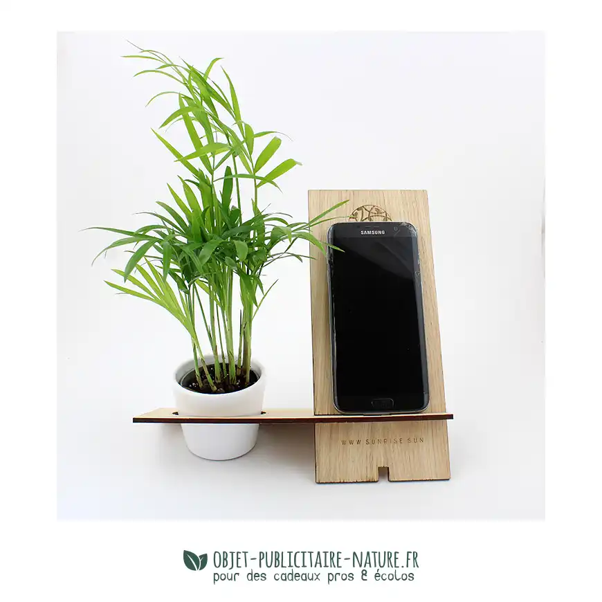 Support téléphone en bois avec plante dans pot en céramique personnalisable