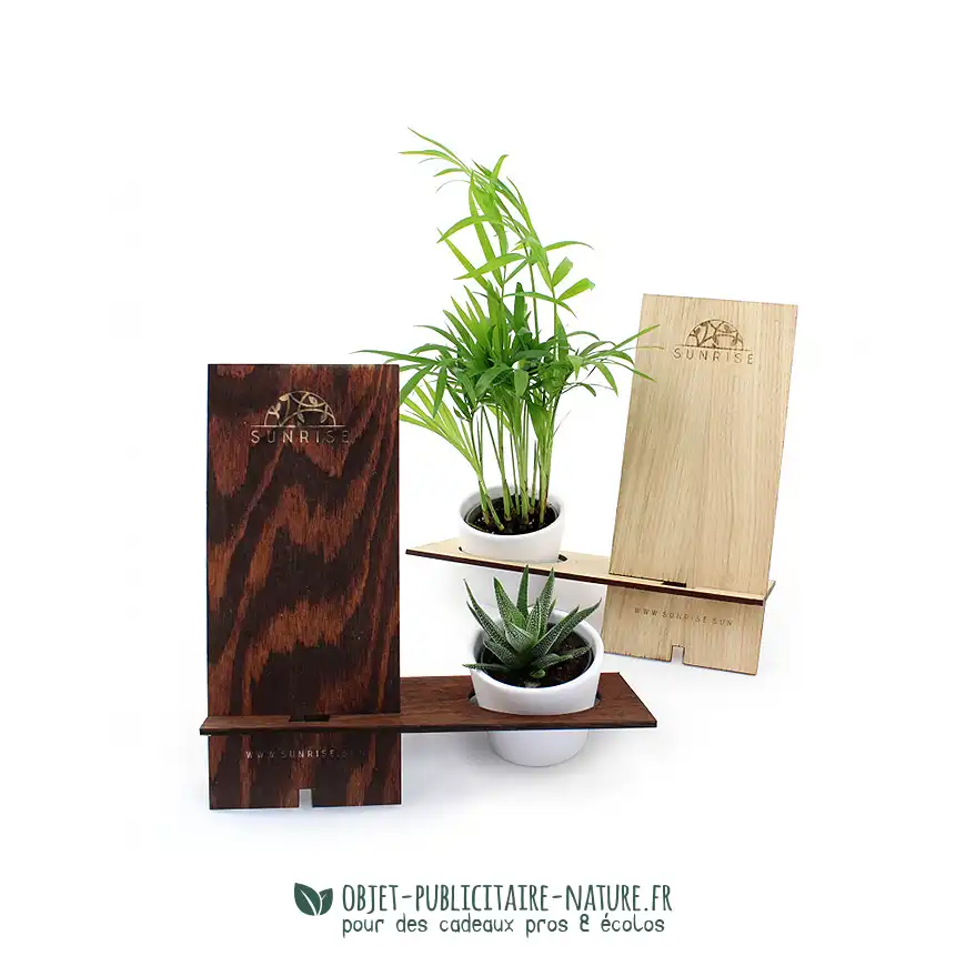 Support téléphone en bois avec plante dans pot en céramique personnalisable