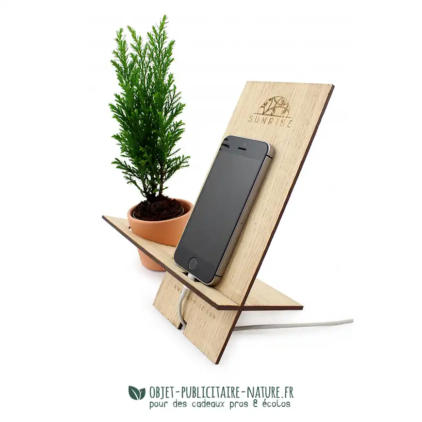 Support téléphone en bois avec plante dans pot en céramique à personnaliser
