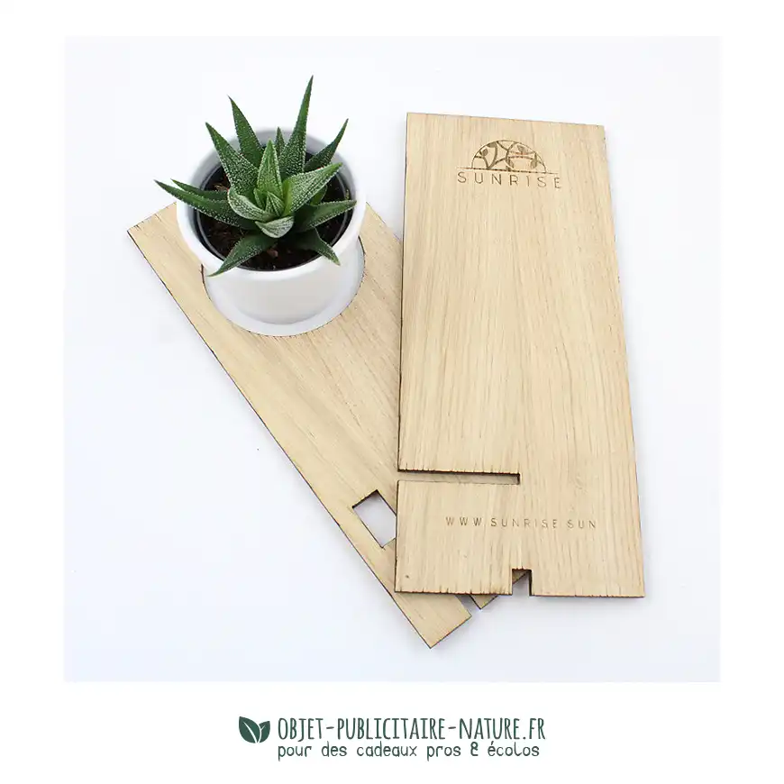 Support téléphone en bois avec plante dans pot en céramique à personnaliser