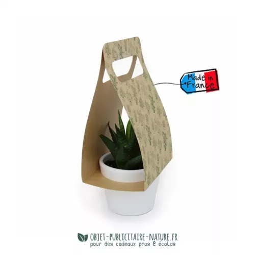 Plante dans pot en céramique publicitaire avec poignée kraft personnalisable