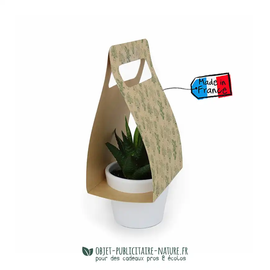 Plante dans pot en céramique publicitaire avec poignée kraft personnalisable