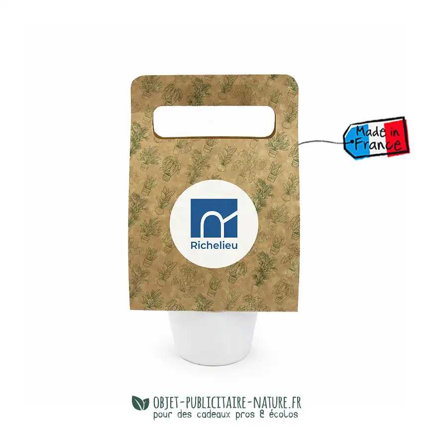 Plante dans pot en céramique publicitaire avec poignée kraft à personnaliser