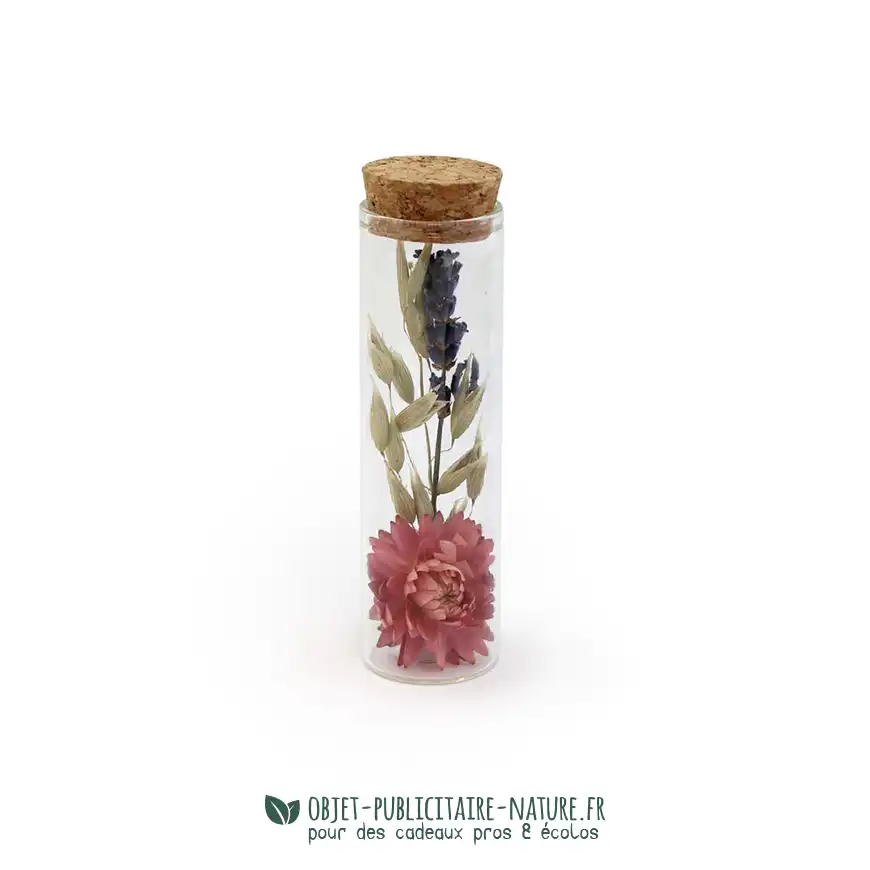 Tube en verre publicitaire avec fleurs séchées personnalisable